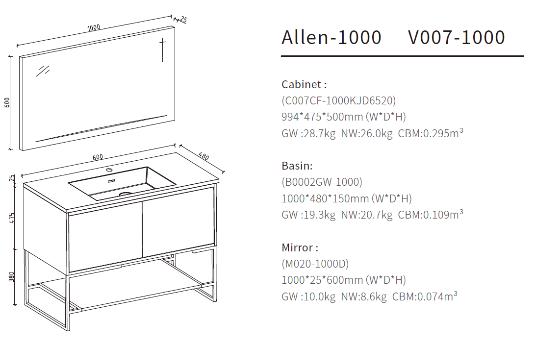 floor standing bathroom vanity size 1000
