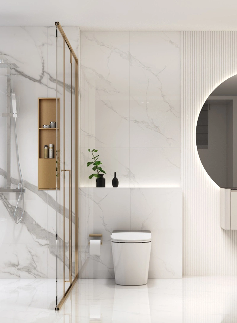 white bathroom with tankless smart toilet