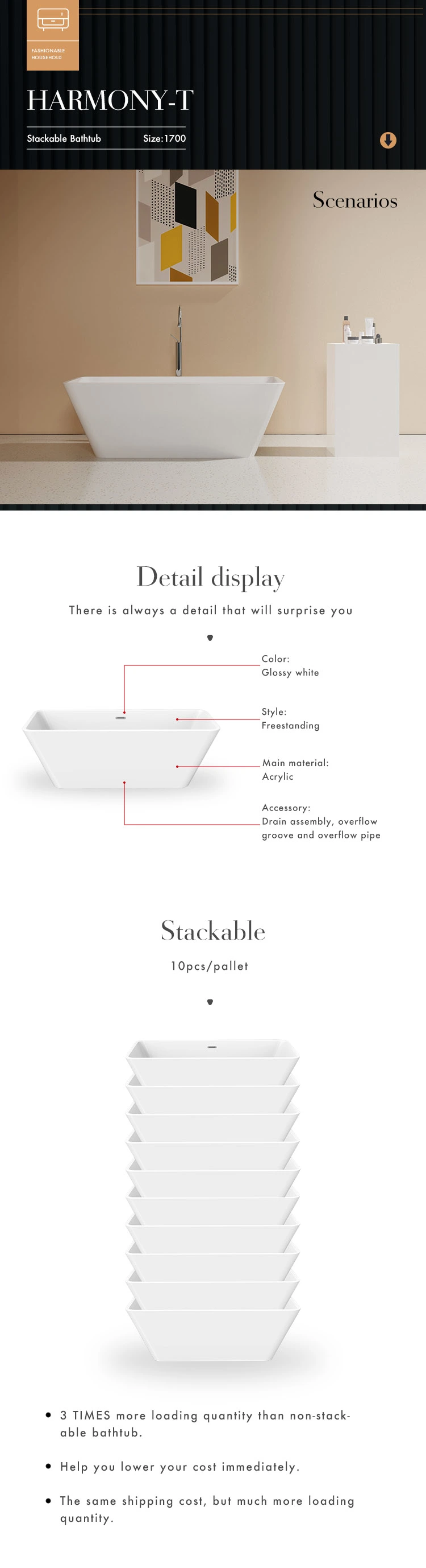 stackable bathtub specifications harmony-t