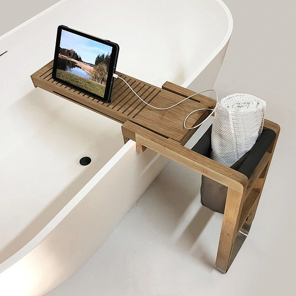 Bamboo Bathtub Caddy Tray Rack Book/Pad/Tablet Holder & 3D Mesh