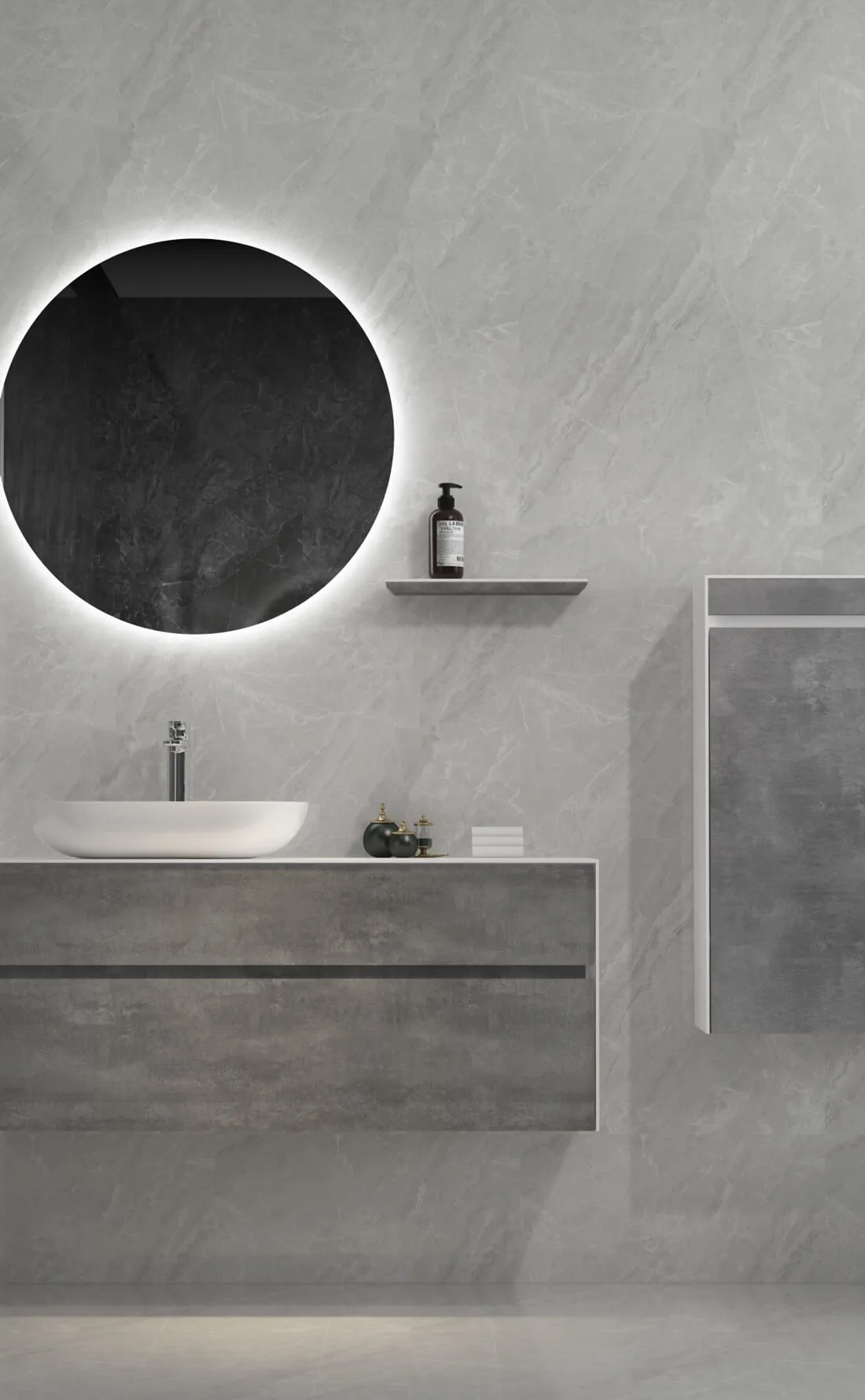 gray floating bathroom vanity with mirror