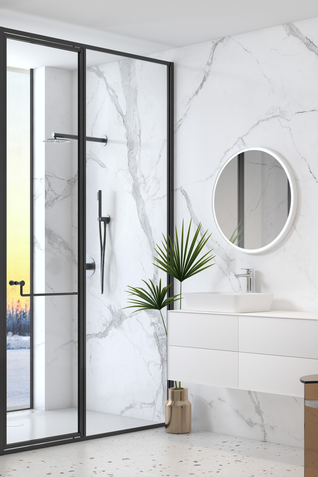 white bathroom vanity and black shower enclosure