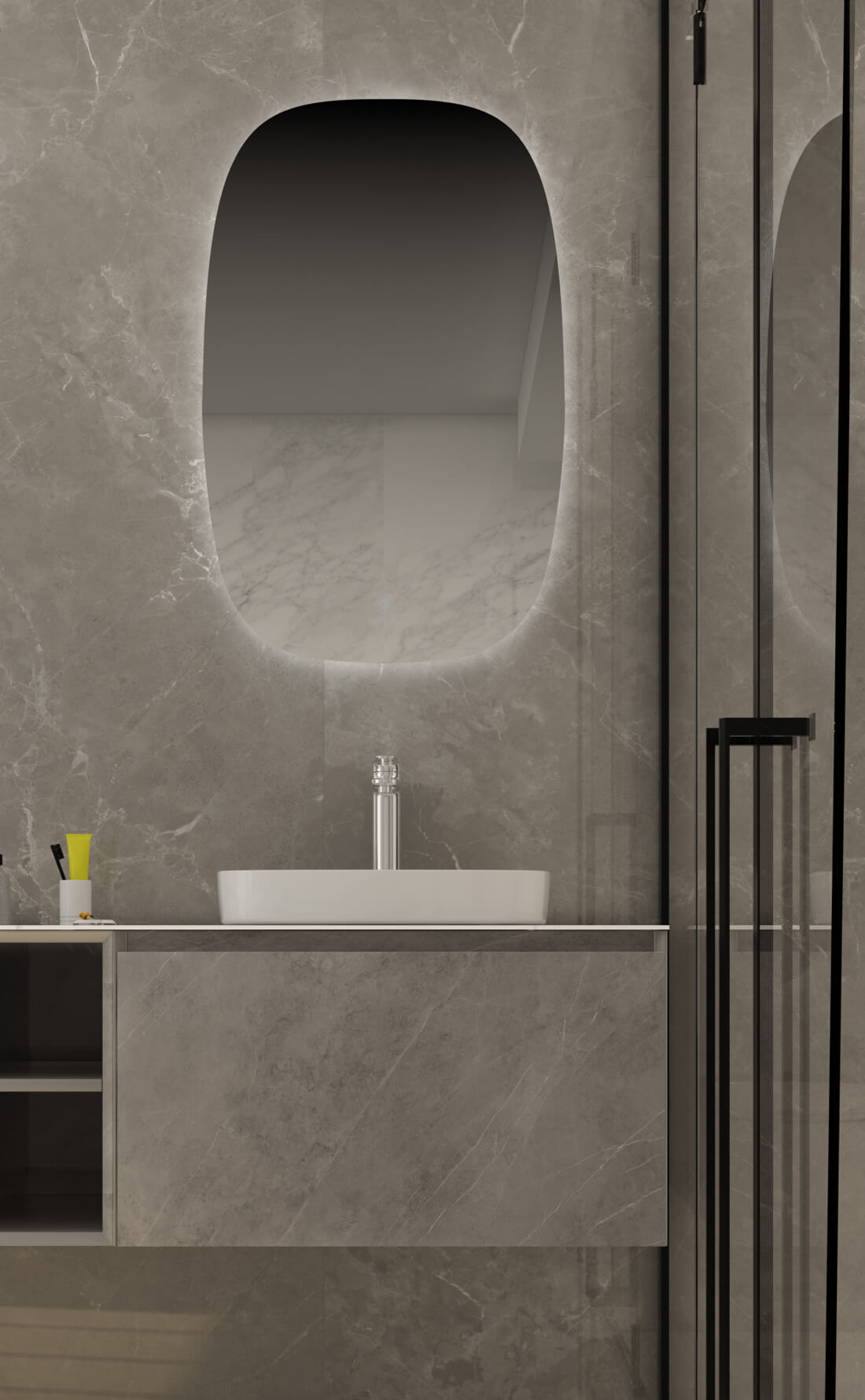 gray bathroom vanity with drop in basin
