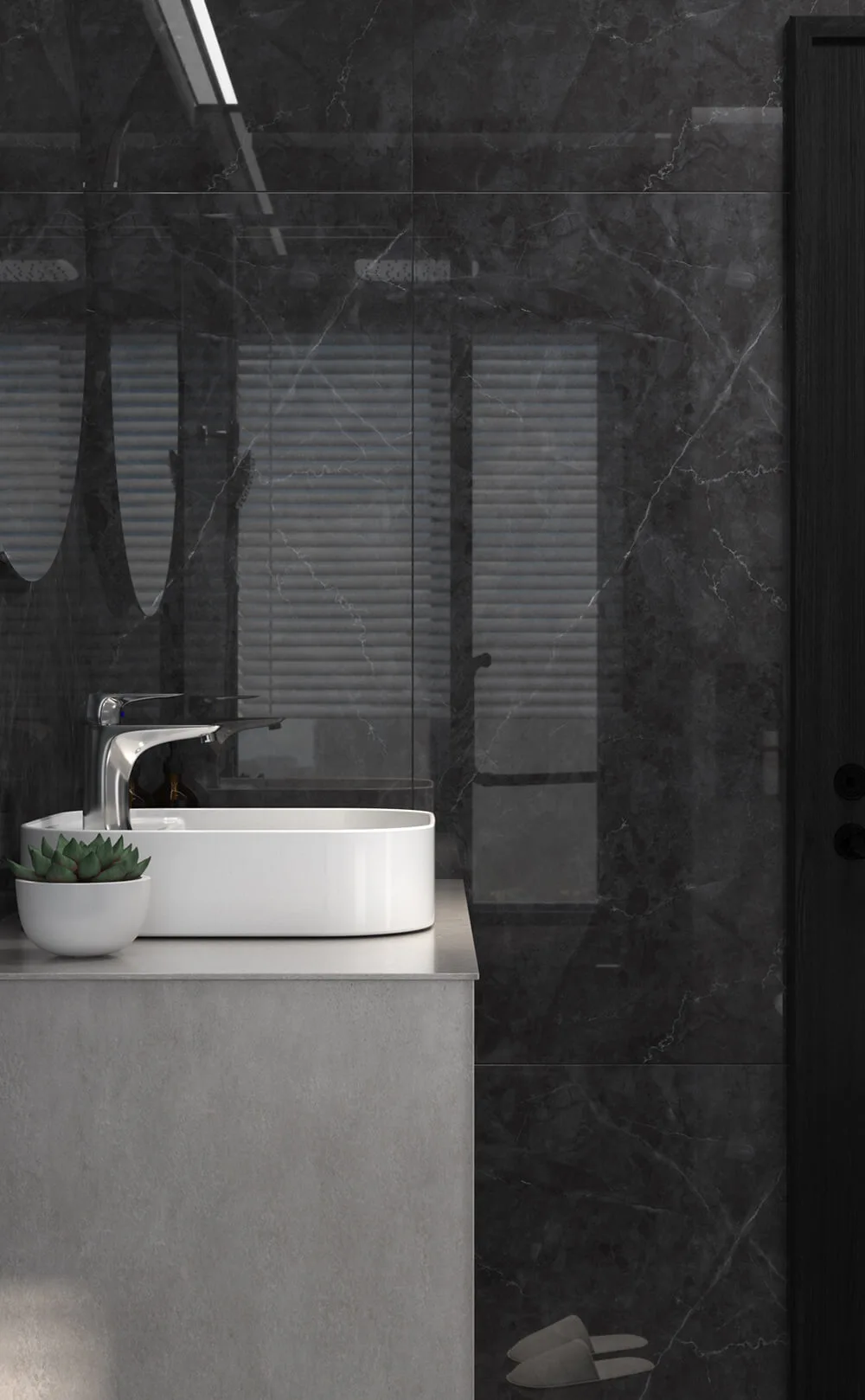 gray bathroom vanity with drop-in basin