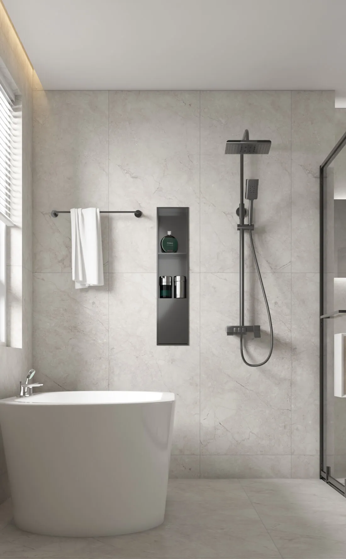 gunmetal shower system and shower niche