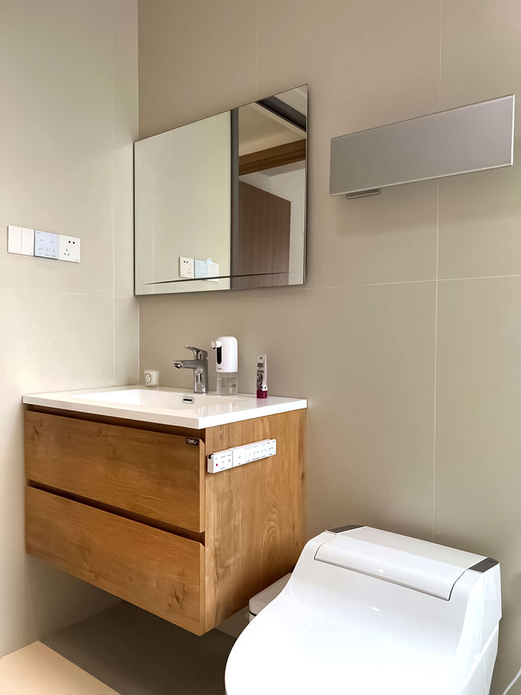 oak bathroom vanity and smart toilet