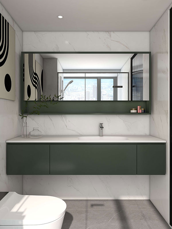 Large mirror with built-in shelf for added storage in a contemporary bathroom