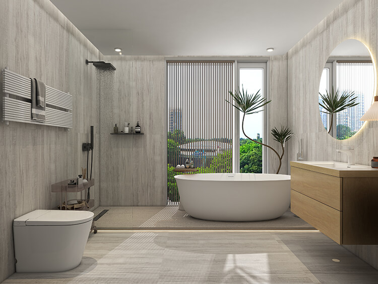 modern bathroom with bathtub and vanity