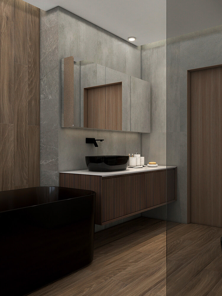 a wood vanity in modern bathroom