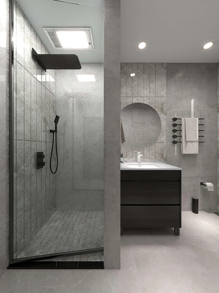 A separate shower room with a glass door and modern fixtures
