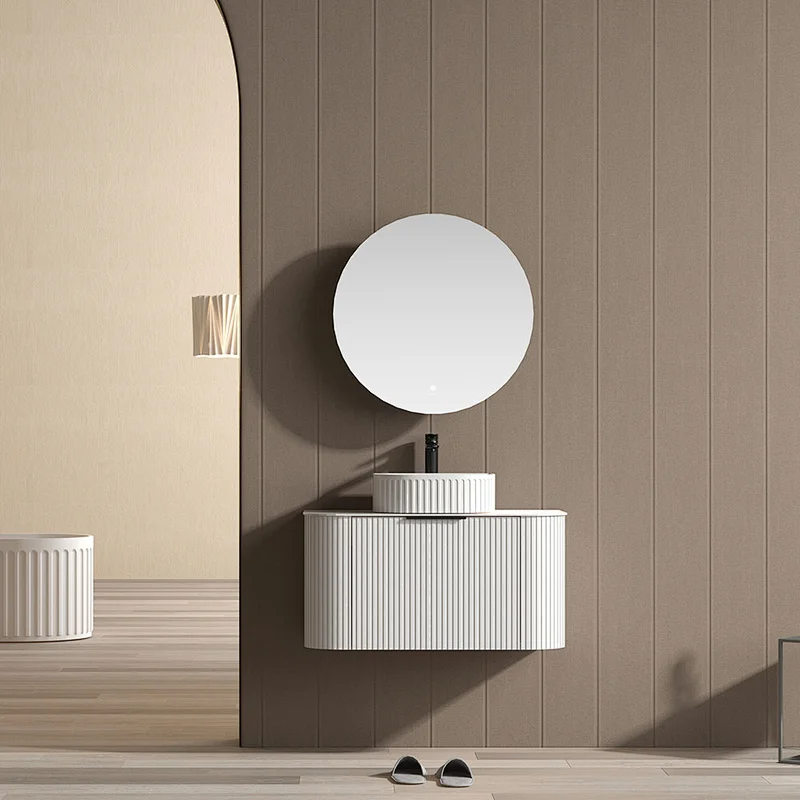 white bathroom vanity with engineered stone countertop