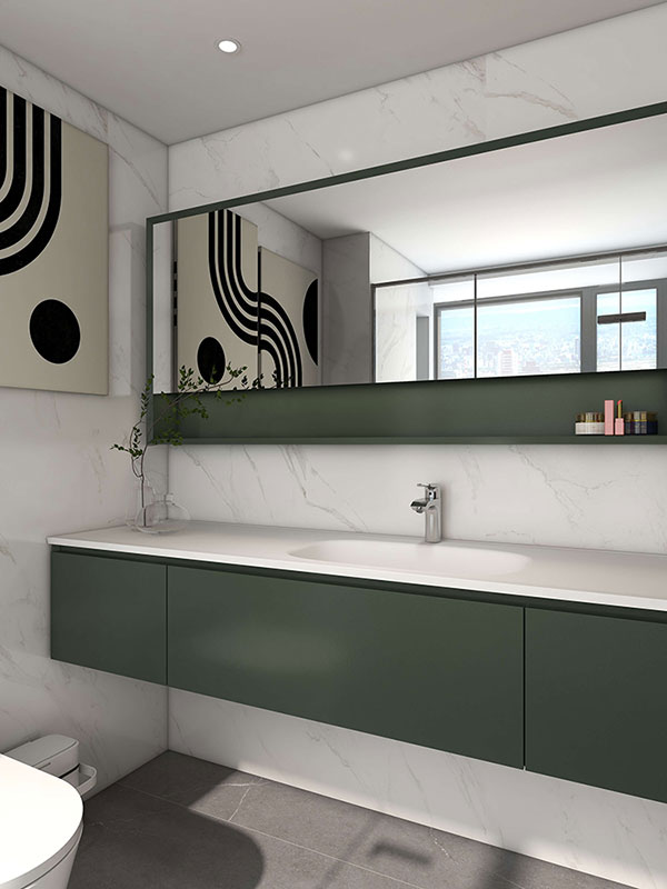 Contemporary bathroom design with green floating vanity, large mirror, smart toilet, and shower enclosure near the window