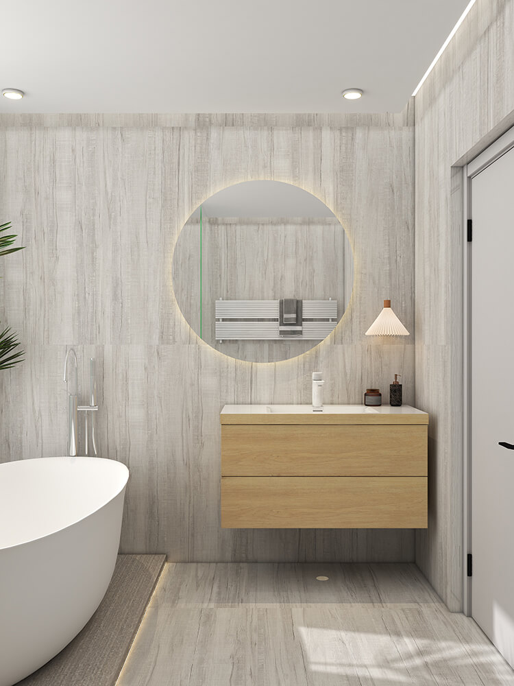A gray modern bathroom with wood bathroom vanity
