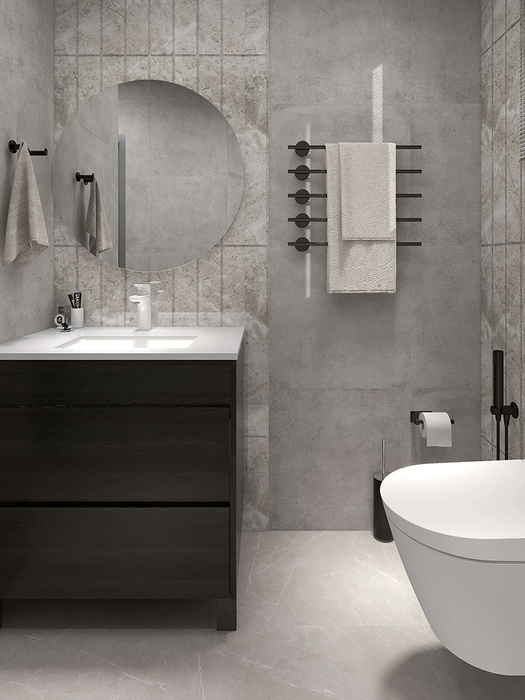 A small gray modern bathroom with a freestanding bathroom vanity and a floating smart toilet