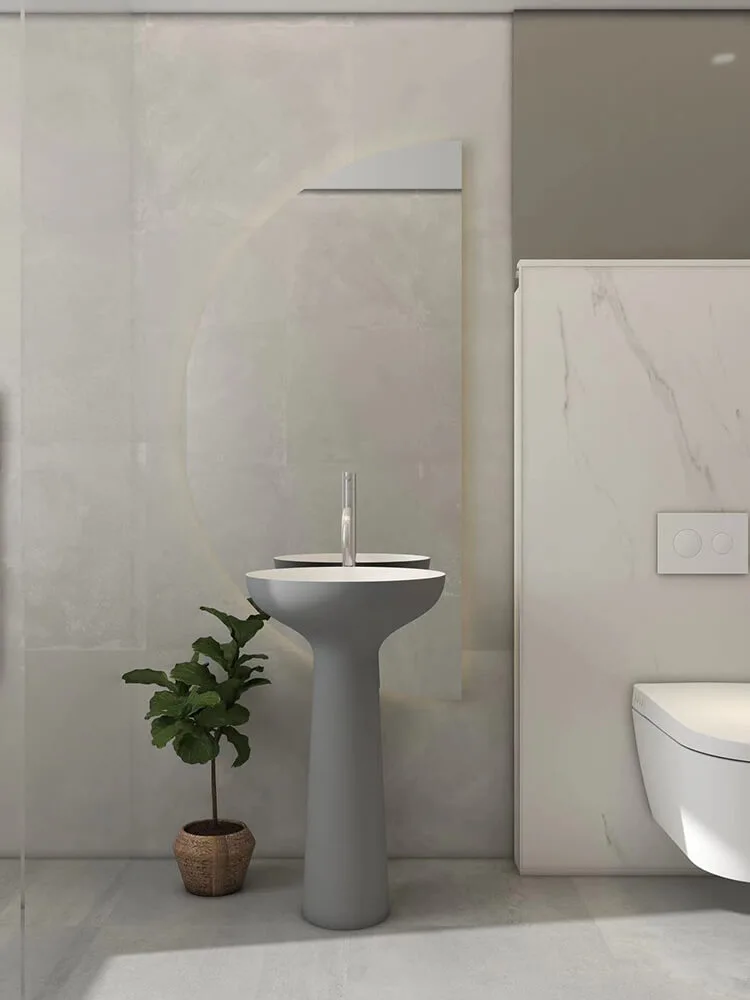 gray pedestal sink and led mirror