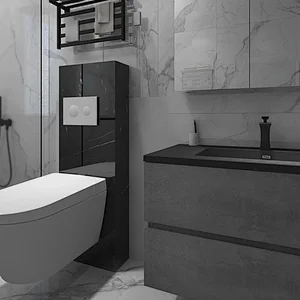 Minimalistisches zeitgenössisches Badezimmer mit grauem Schrank