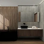 Modern csavar: a beton és a fa kombinálása a fürdőszobában