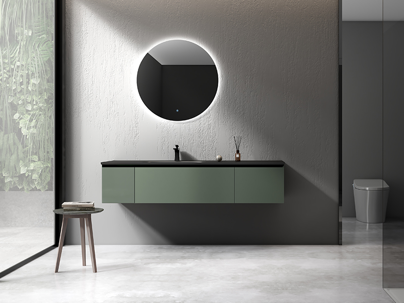 round led mirrors over floating vanity