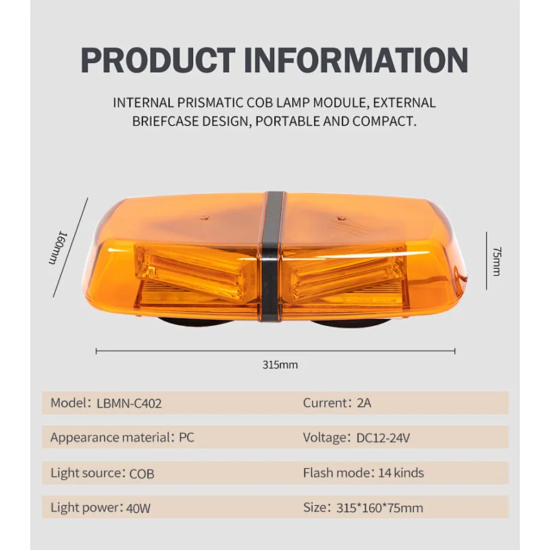 Emergency Strobe Lights Mini Bar 16 Flashing Modes Warning Beacon Light w/Magnetic Base for Law Enforcement Hazard Vehicles, Trucks, Snow Plow, Construction Cars ( Amber/Yellow)