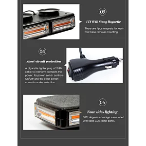 COB LED Amber/Yellow Roof Top Emergency Hazard Warning LED Mini Strobe Beacon Lights Bar w/Magnetic Base, for Snow Plow, Police, Firefighters, Trucks, Vehicles