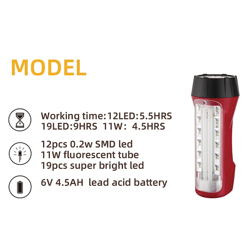 Portable emergency light torch with rechargeable battery red emergency led light