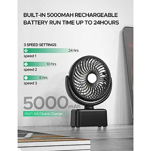 Battery Operated Camping Fan with LED Lantern for Tent- Rechargeable 5000mAh Battery Portable USB Desk Fan with Hanging Hook for Car
