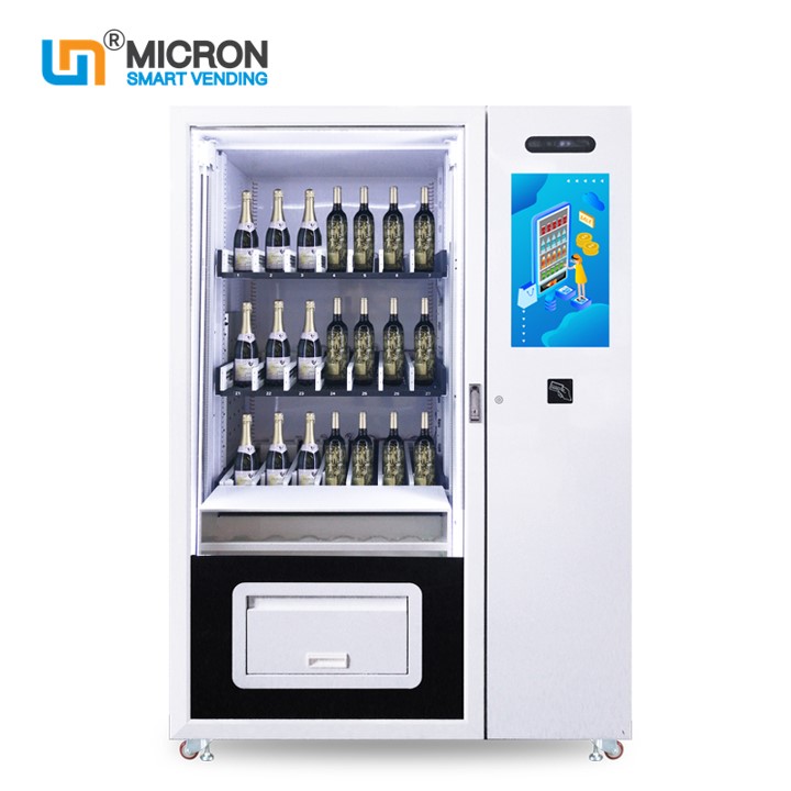 Micron wine vending machine with elevator system, this vending machine is suitable for glass bottle drink, elevator will deliver wine to pick up box