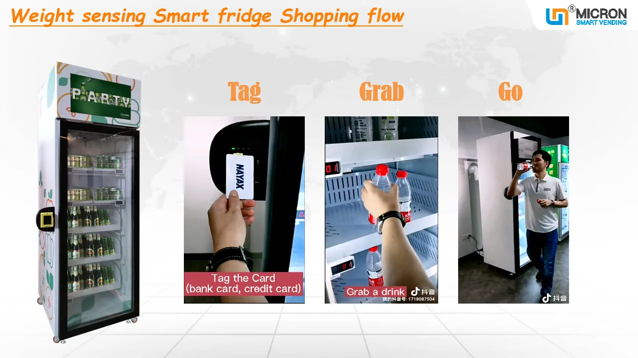 weight sensing smart fridge vending cabinet shopping flow