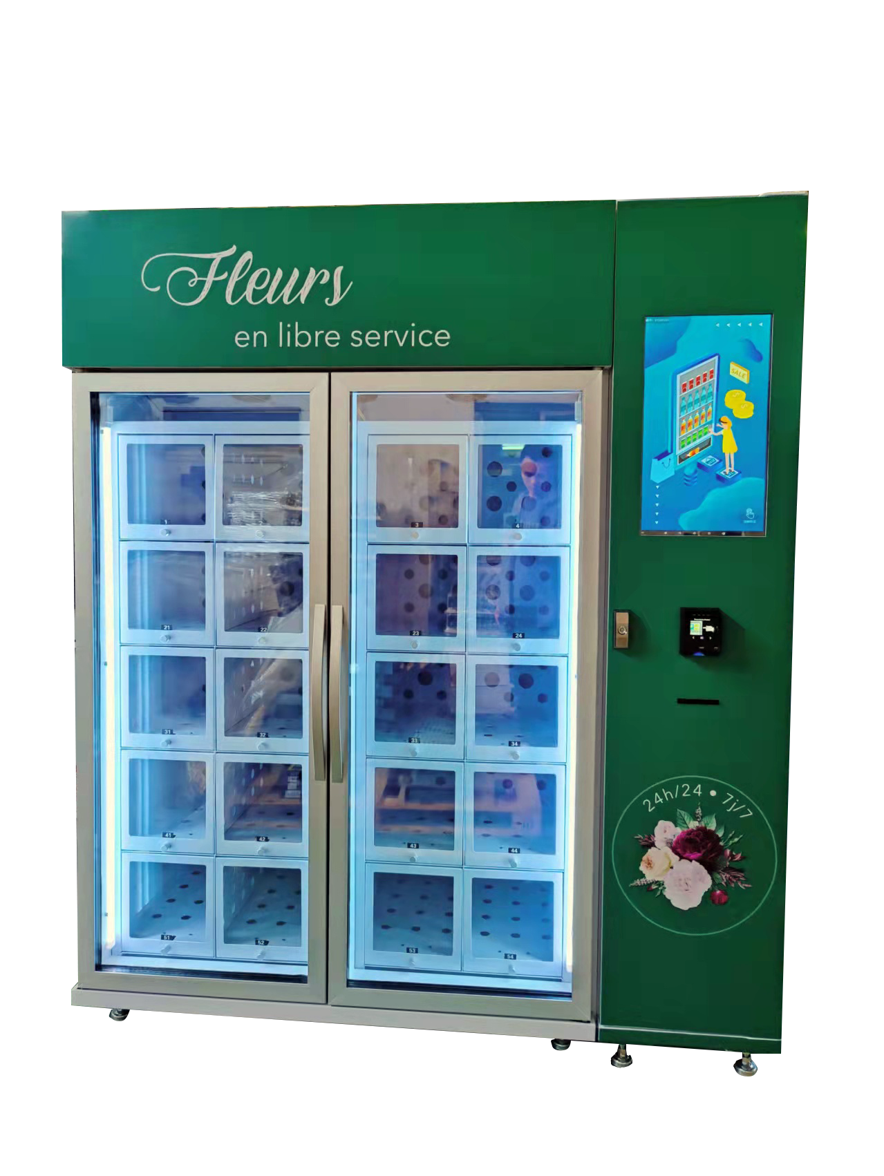 flower vending machine, 22 inch touch screen, cooling locker