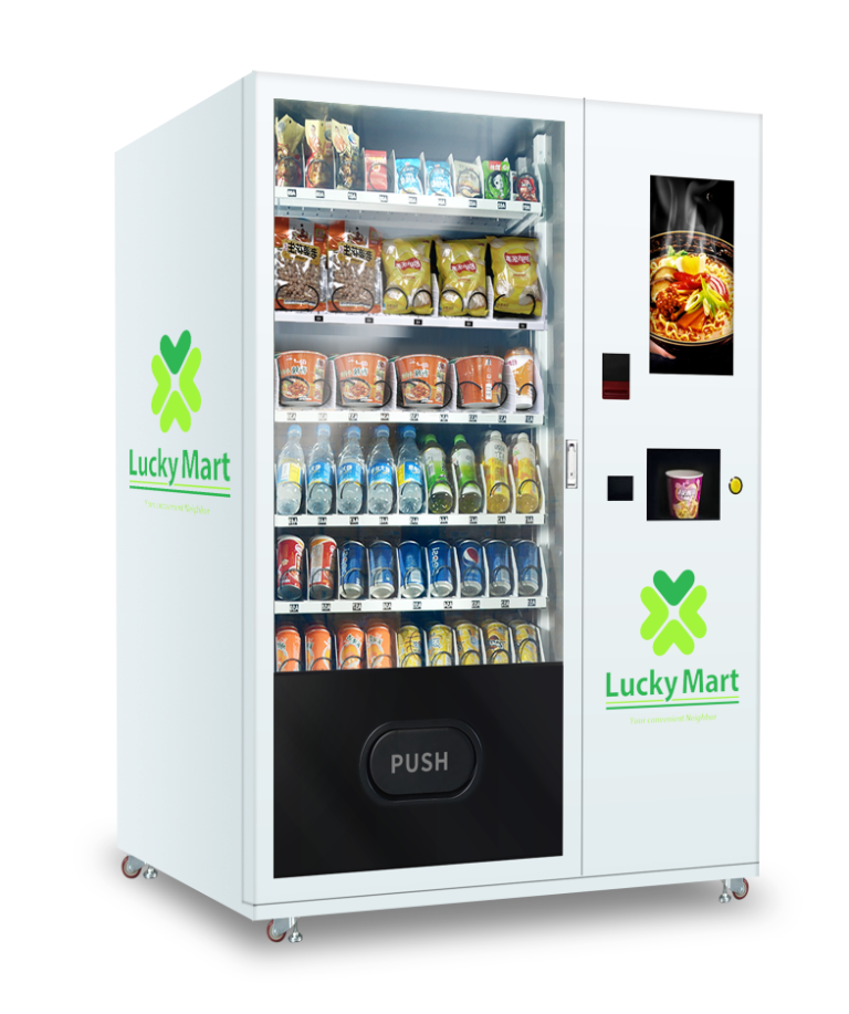 Cup noodle vending machine with hot water supply snack and drink vending machine for sale, it can hold 120-180 cup noodles
