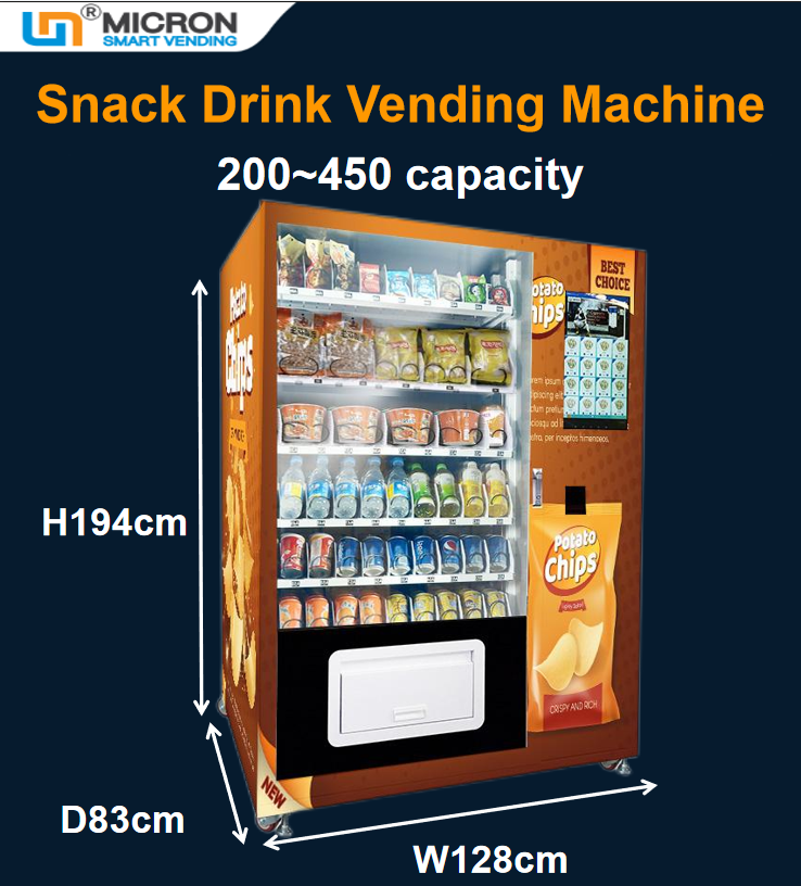 Micron snack and drink vending machine with touch screen support E-wallet