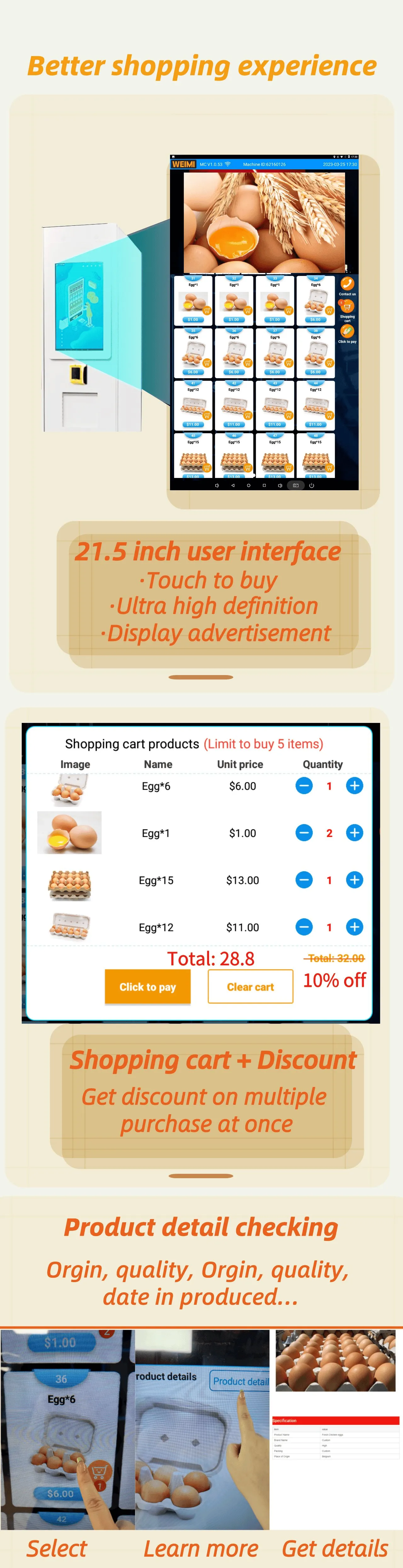 Egg Cooling Locker Vending Machine with 22-inch Touchscreen and Card Reader provides great shopping experience fast and easy