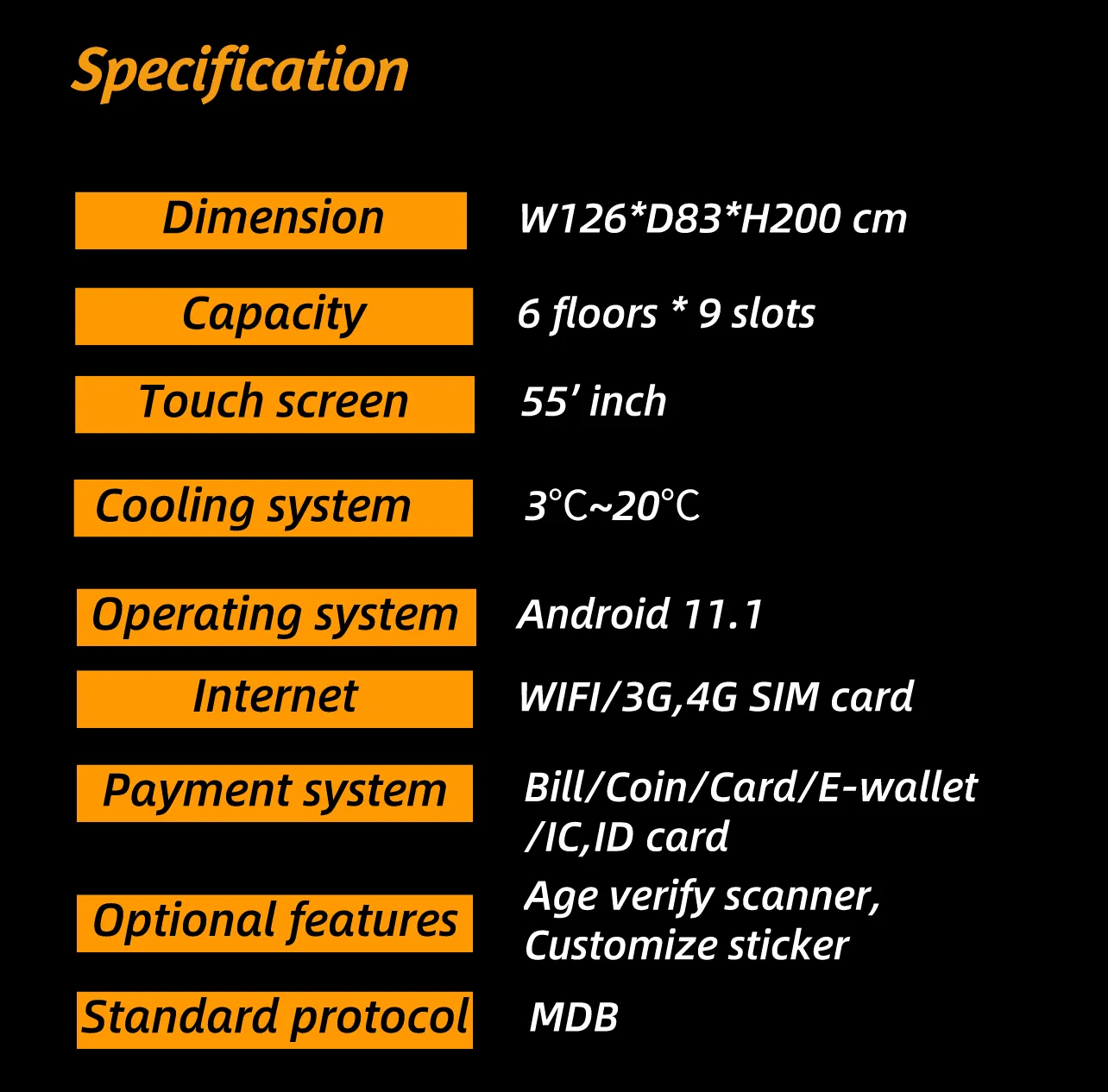 full screen vending machine for snacks and drink specification