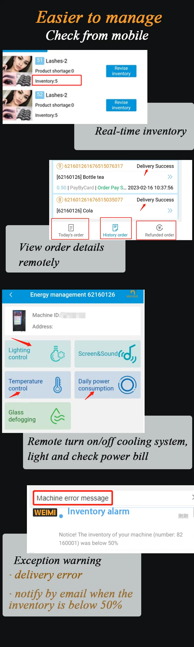 In order to help operator to start their business easily, we have been developed smart software system, operator can check real time sales and inventory data.