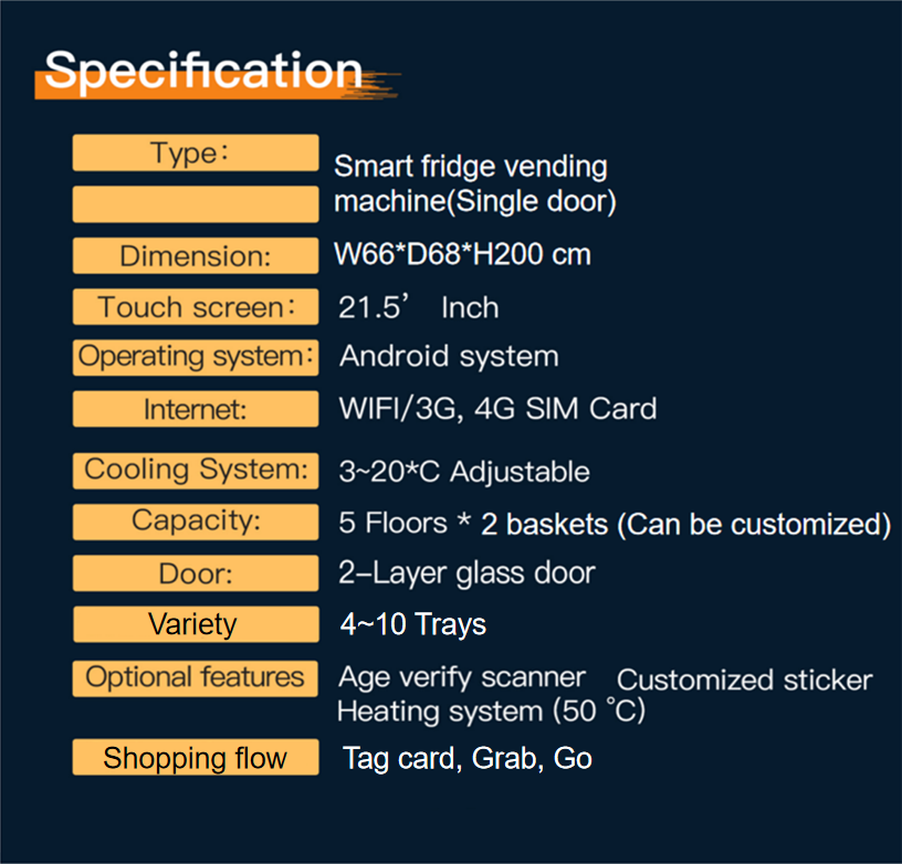 Grab n go smart fridge vending machine for selling snack, drink, farm product. Accept customize.
