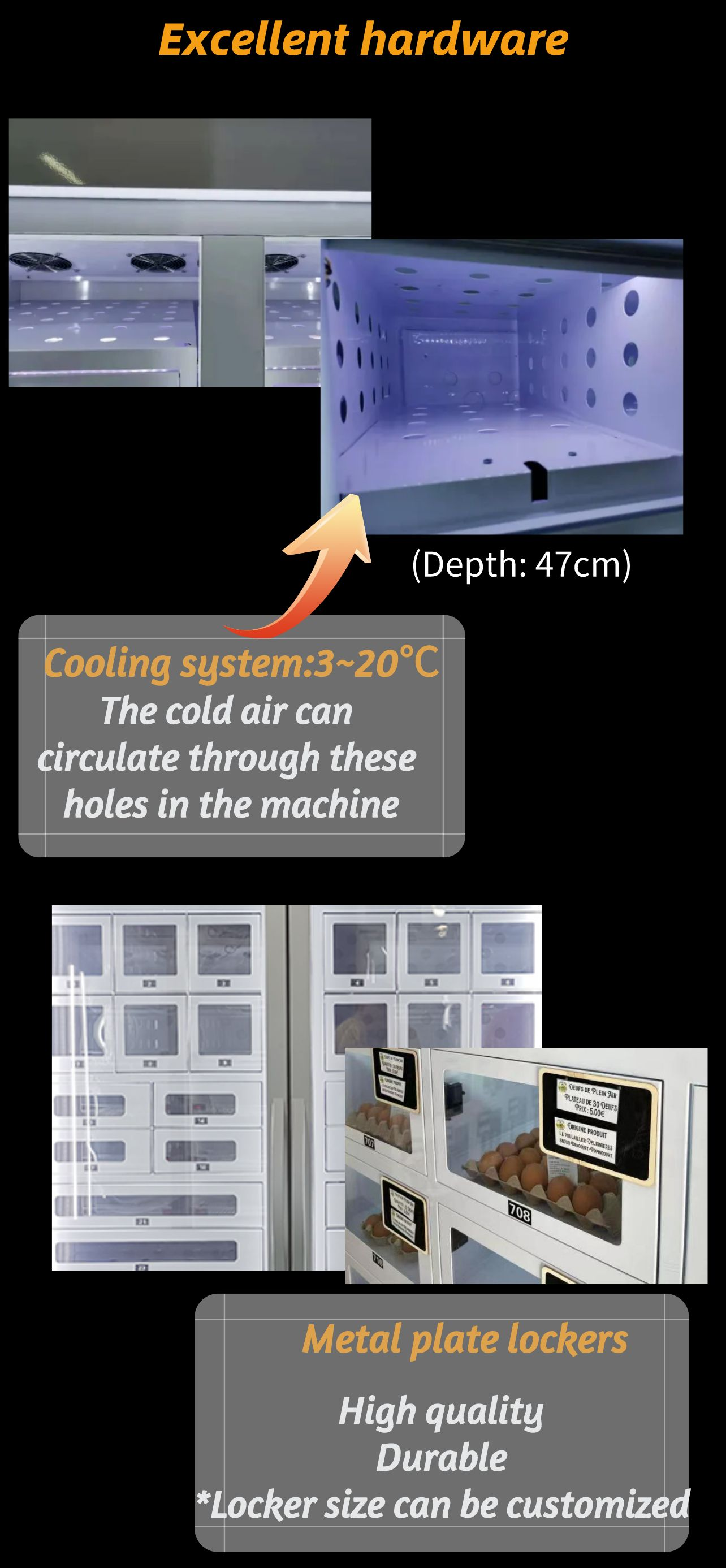 cooling locker fruit vegetable vending machine is use excellent hardware like metal plate and high efficiency cooling system.