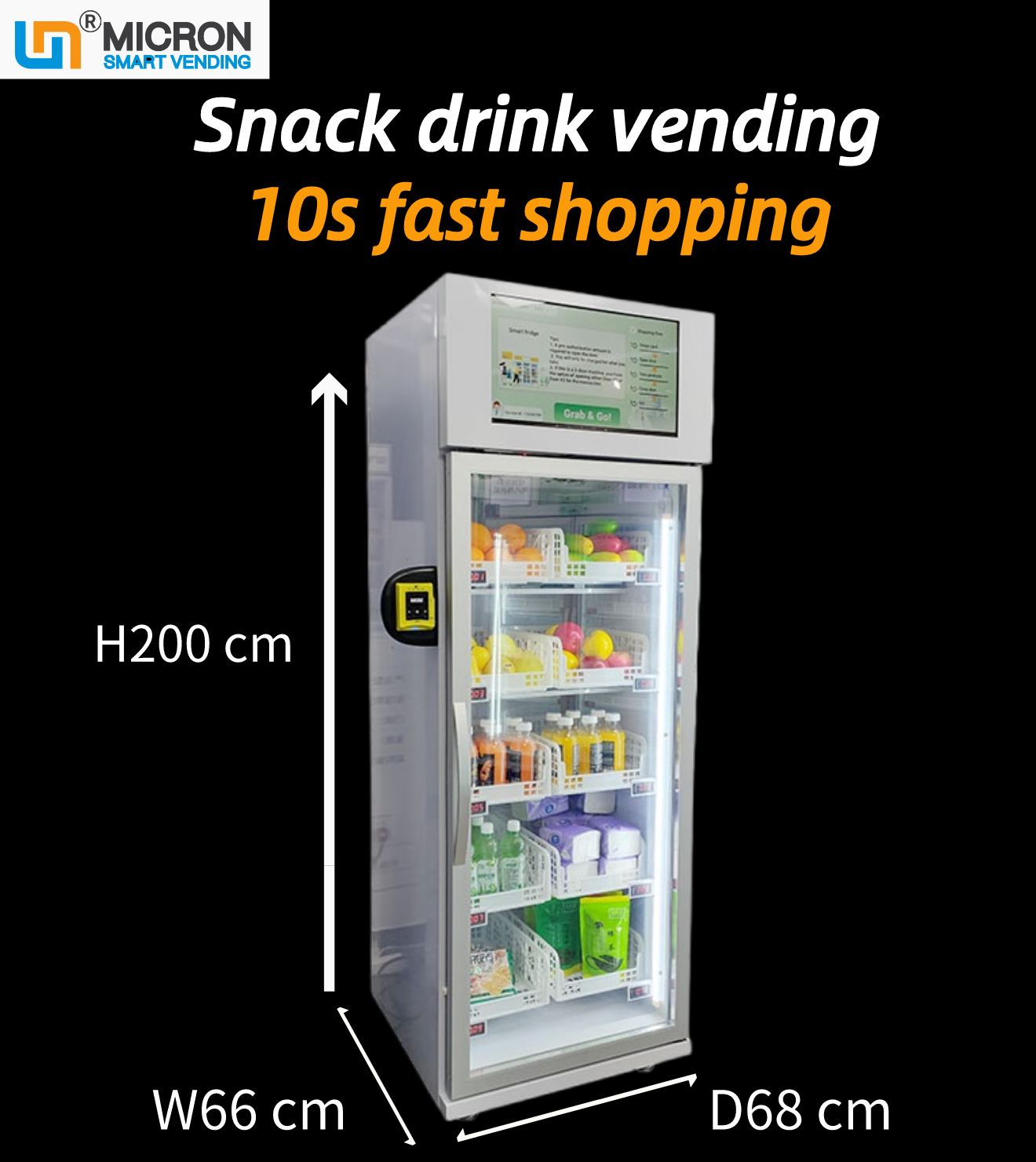 Micron snack drink vending machine only 10s fast shopping, it's suitable for selling vegetable, fruit, beer, wine... The best vending machine solution for office