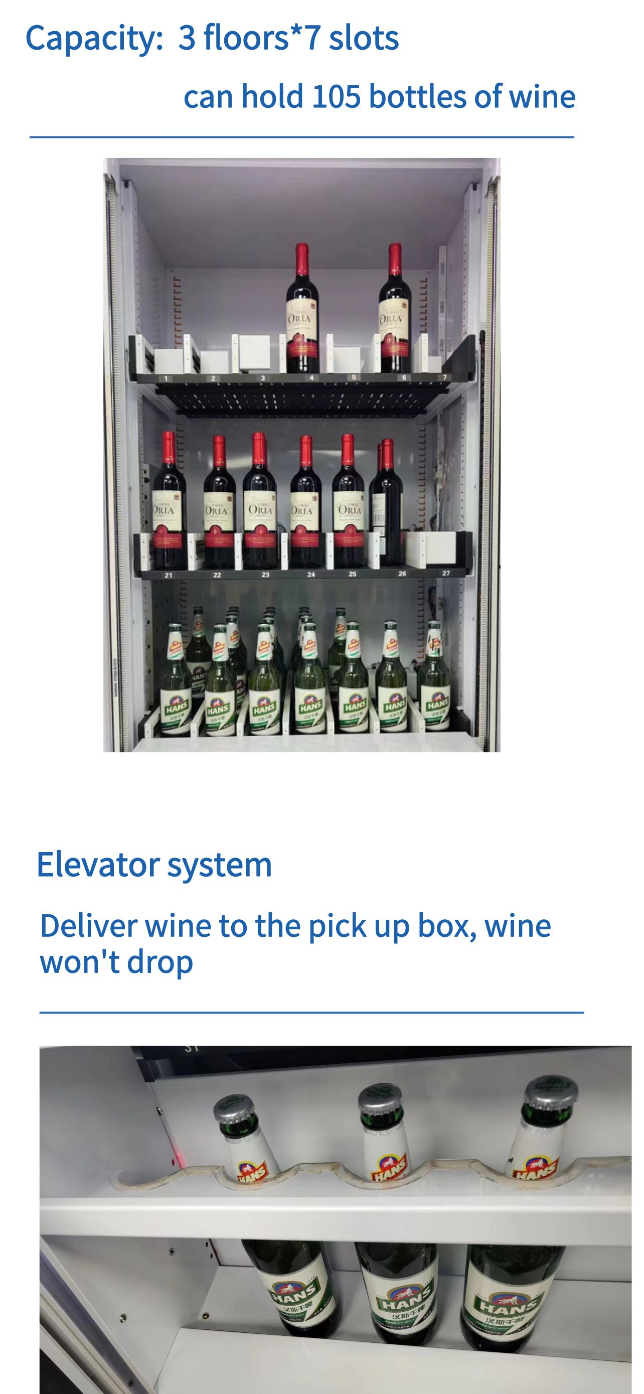 Micron wine vending machine with elevator system, this vending machine is suitable for glass bottle drink, elevator will deliver wine to pick up box