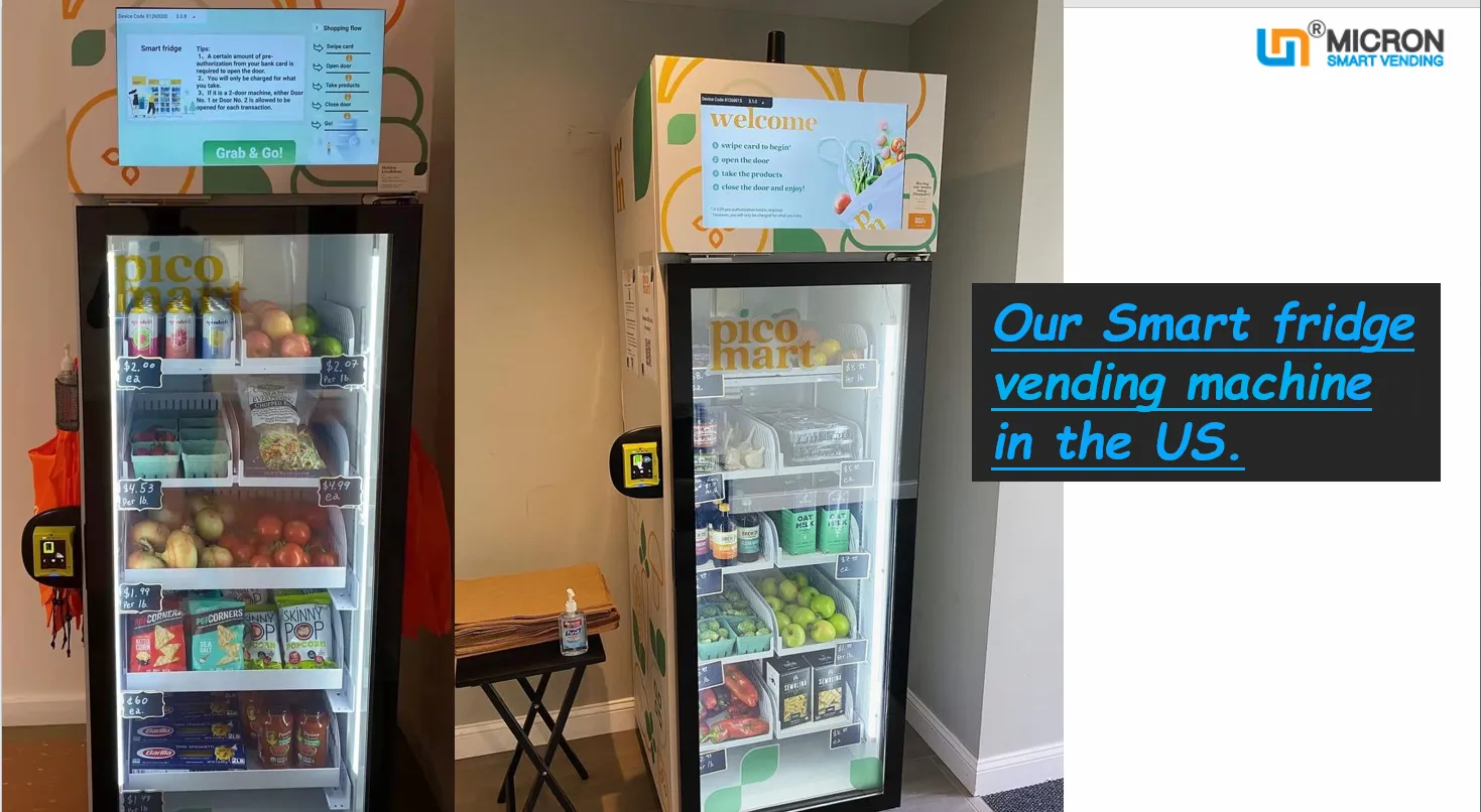 vending machine in the US This grab n go smart fridge vending machine is suitable for most kinds of product like snack drink egg sandwich fruit vending machine and glass bottle drink like wine beer, it has cooling system to keep products fresh