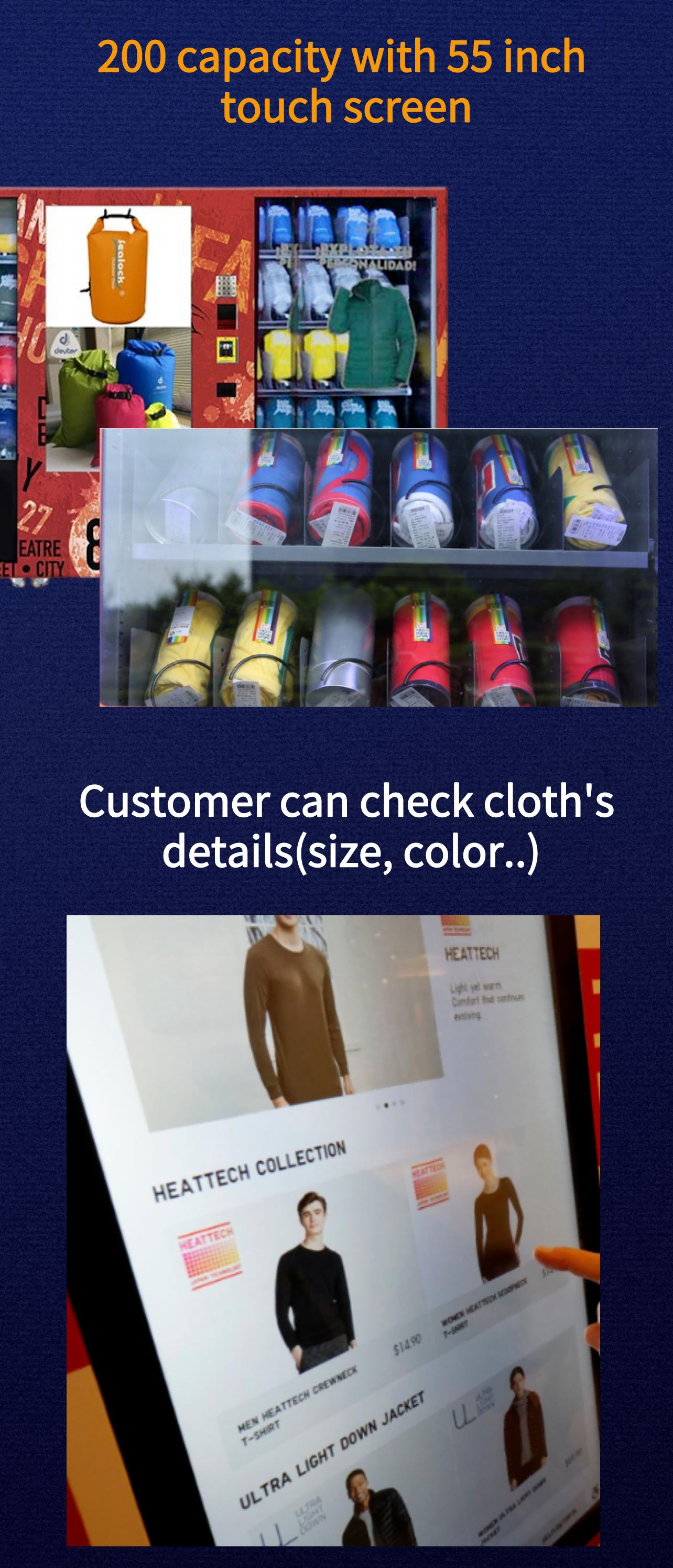 clothing vending machine with touch screen and e-wallet payment system, it can sell polo shirt, undergarment, underwear, sock, swimwear