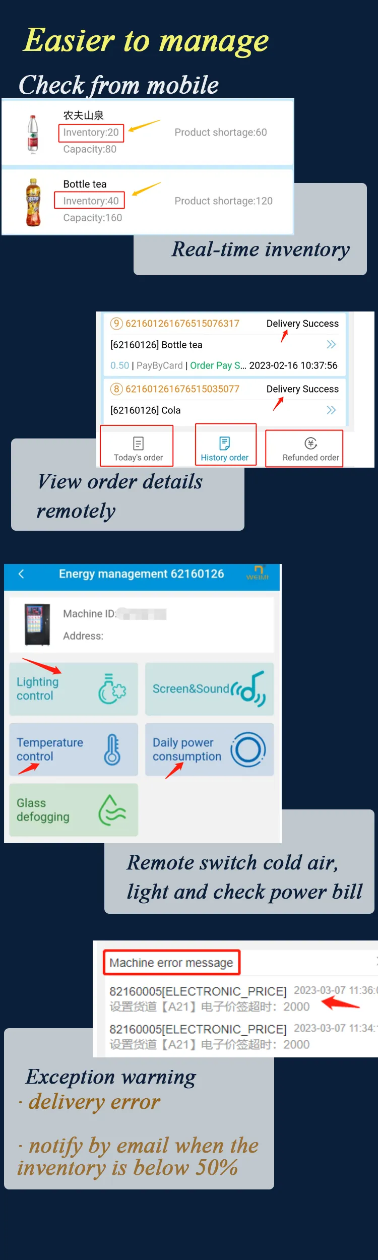 Weimi smart vending company develop smart software system, it's easier to manage the vending machine like check the sales and inventory data from mobile phone or PC