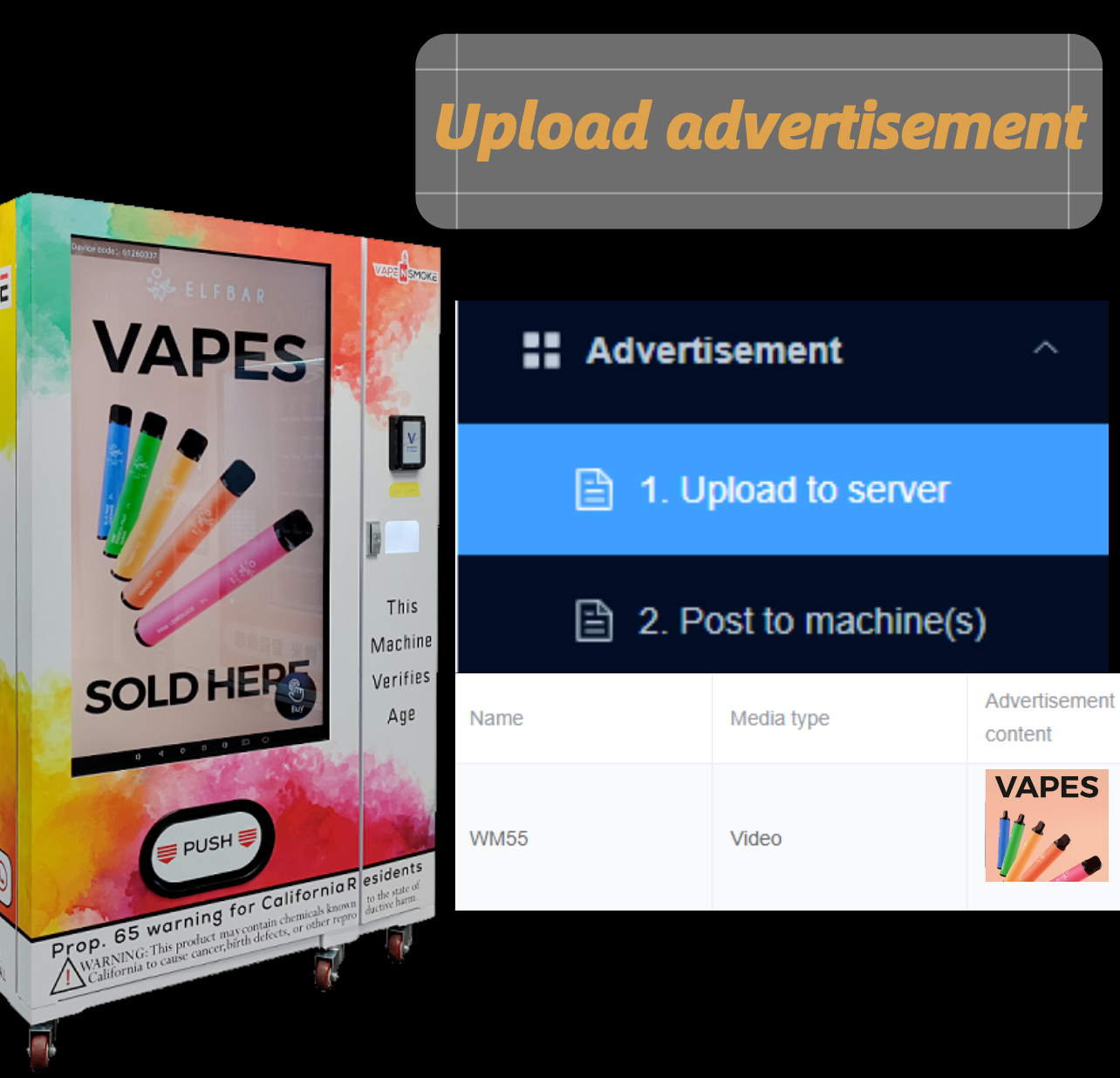 Micron E-cigarette vending machine with big touch screen can display advertisement, and it can hold 800~1000 vapes, 55 inch touch screen can upload advertisements and pictures, we offer customization service