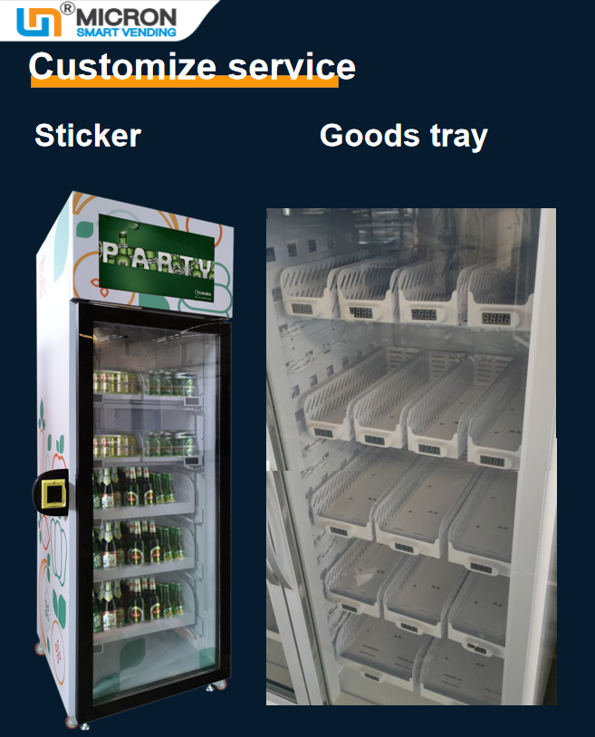 Grab n go smart fridge vending machine for selling snack, drink, farm product. Accept customize.