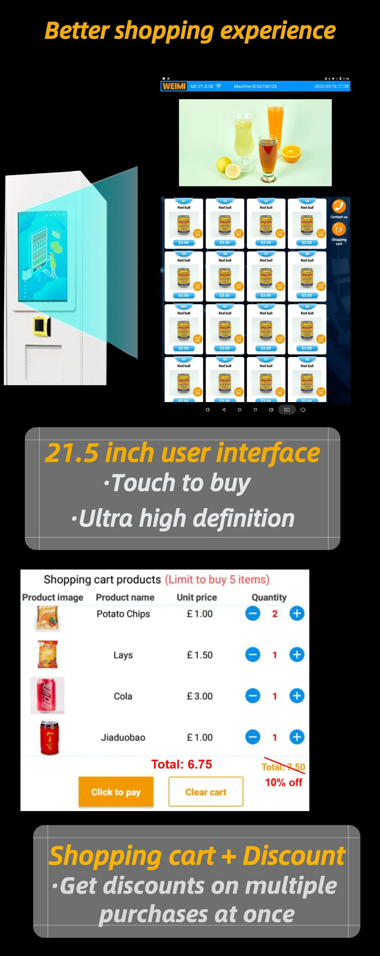 Micron snack drink vending machine with 21.5 inch touch screen and e-wallet payament system