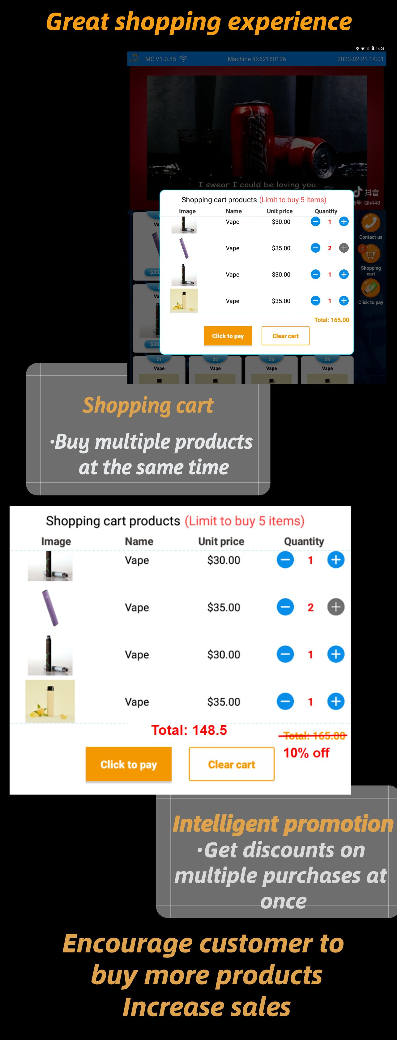 Micron E-cigarette vape vending machine with 21.5 inch touch screen and shopping cart system can be hung on the wall in the club, it's a mini vending machine with affordable price. Micron smart vending