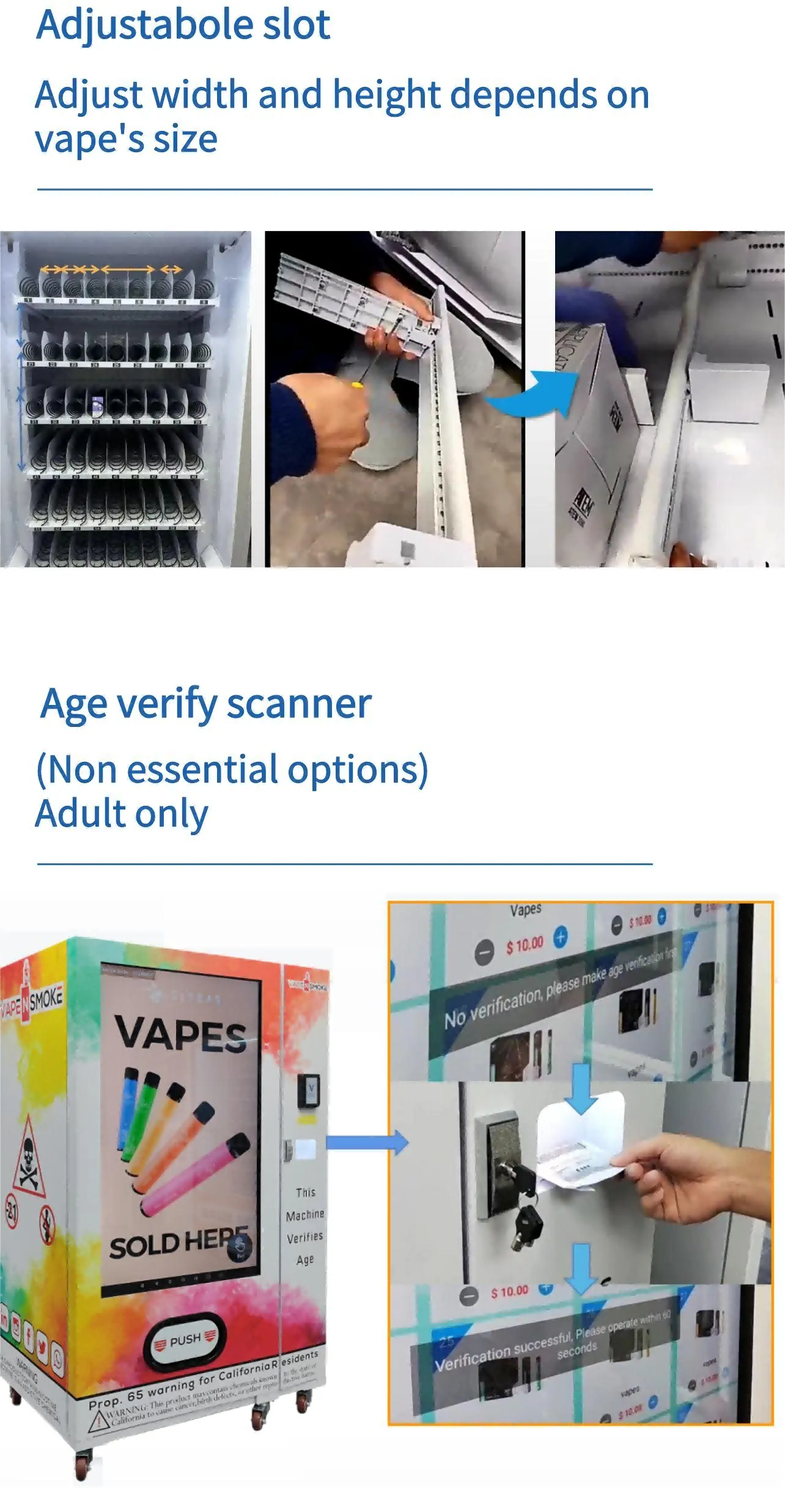 E-cigarette vending machine with touch screen card reader, we offer customize service, you can put a age verify scanner to make sure customers are legal to buy e-cigarette