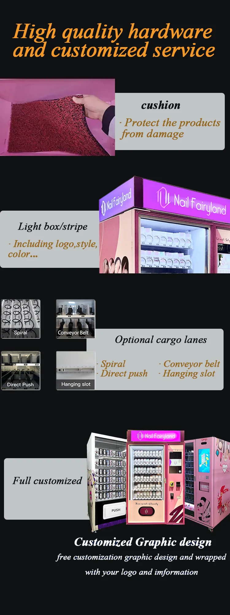 This beauty eyelash vending machine is use high quality hardware and we offer customized service.