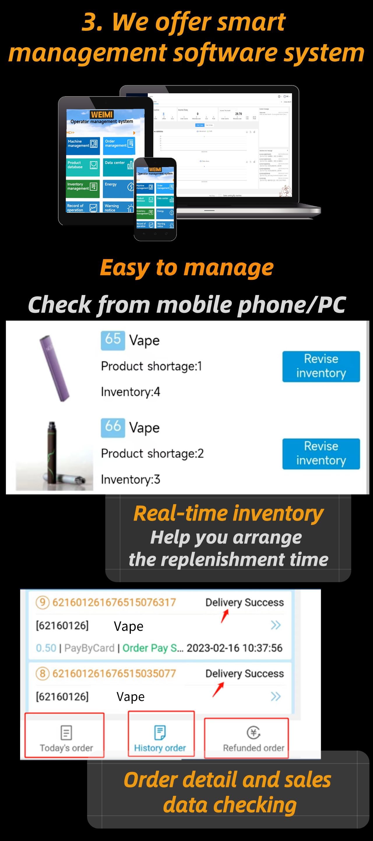 Expect good hardware, we offer smart management software system to support operator remotely control the machine on their mobile/PC.