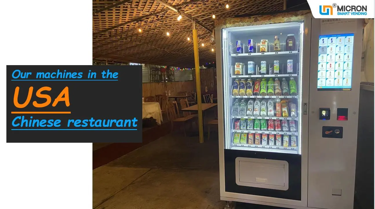 Micron smart vending machine in USA Chinese restuarant. snack drink vending machine with card reader, it has different good trays to sell many kinds of products in one machine, combo vending machine