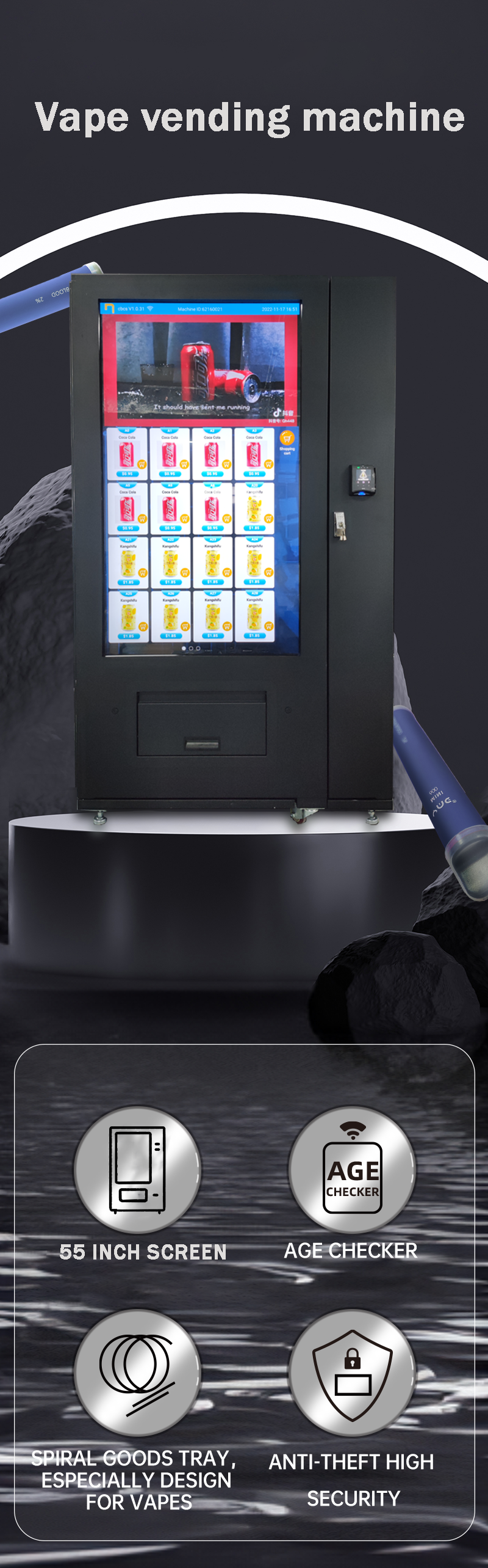 E-cigarette vending machine with large touch screen in club